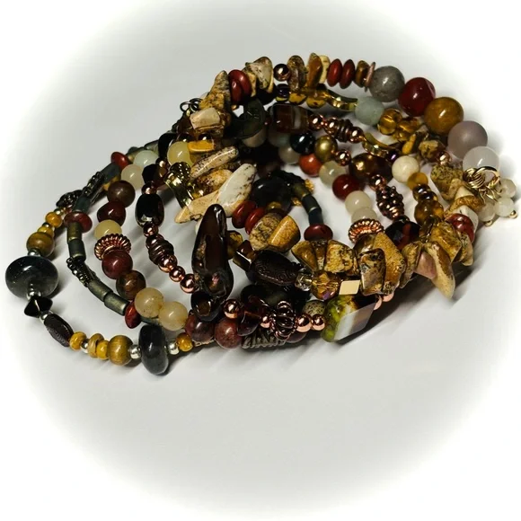 🆕 OOAK Bohemian Bead Mix Memory Wire Wrap Bracelet — Semi Precious Gemstone